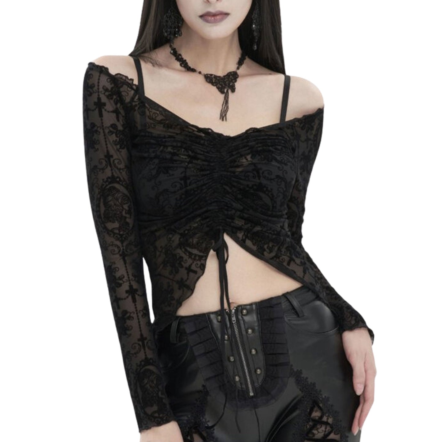 Ruched Off Shoulder Long Sleeve Mesh Shirt Cathedral Flocked Velvet Print