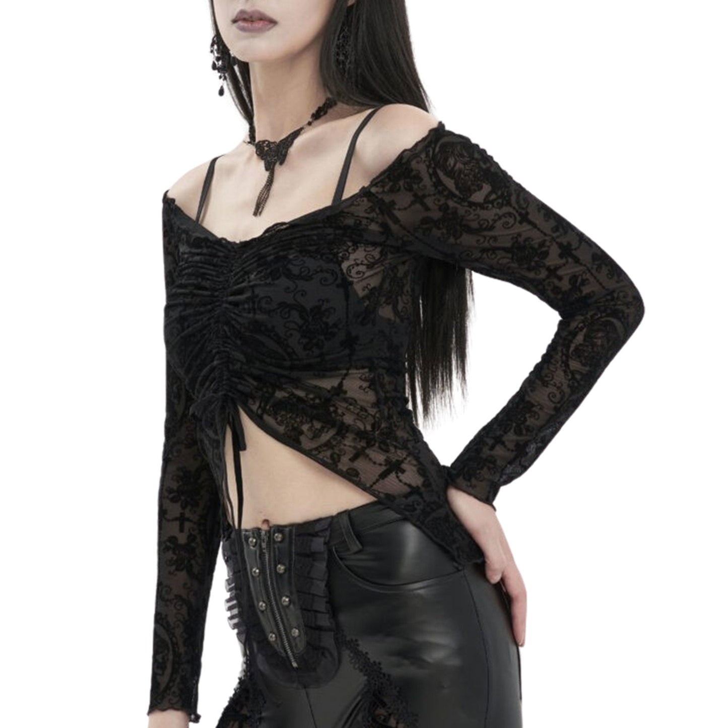 Ruched Off Shoulder Long Sleeve Mesh Shirt Cathedral Flocked Velvet Print