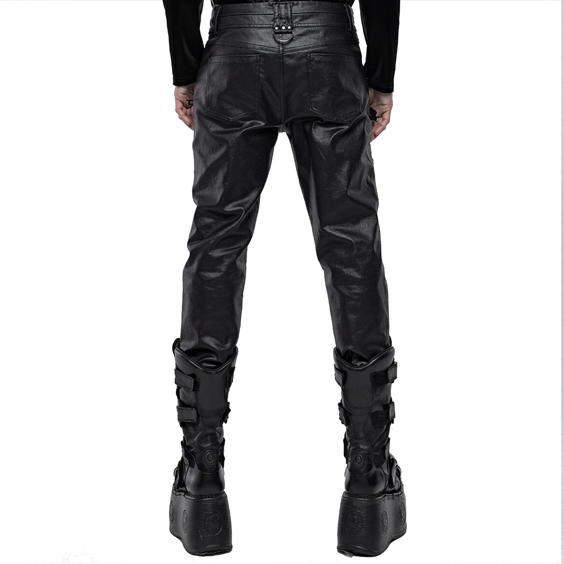 Punk Skull Buttons & Buckles Wetlook Pants – Fetish and punk wetlook pants with skull buttons and buckle details – Black