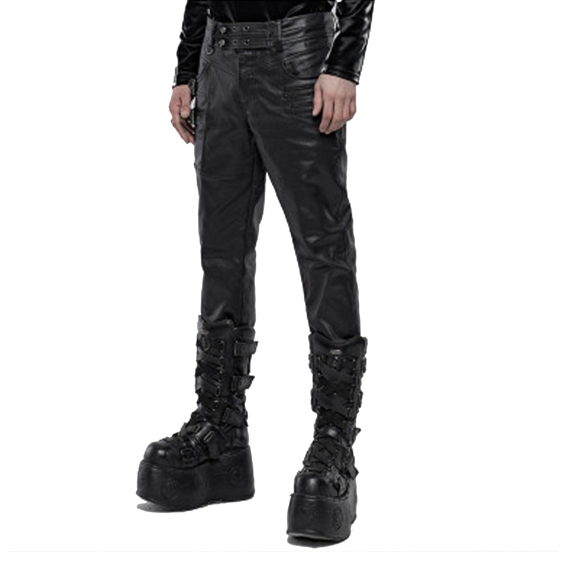 Punk Skull Buttons & Buckles Wetlook Pants – Fetish and punk wetlook pants with skull buttons and buckle details – Black