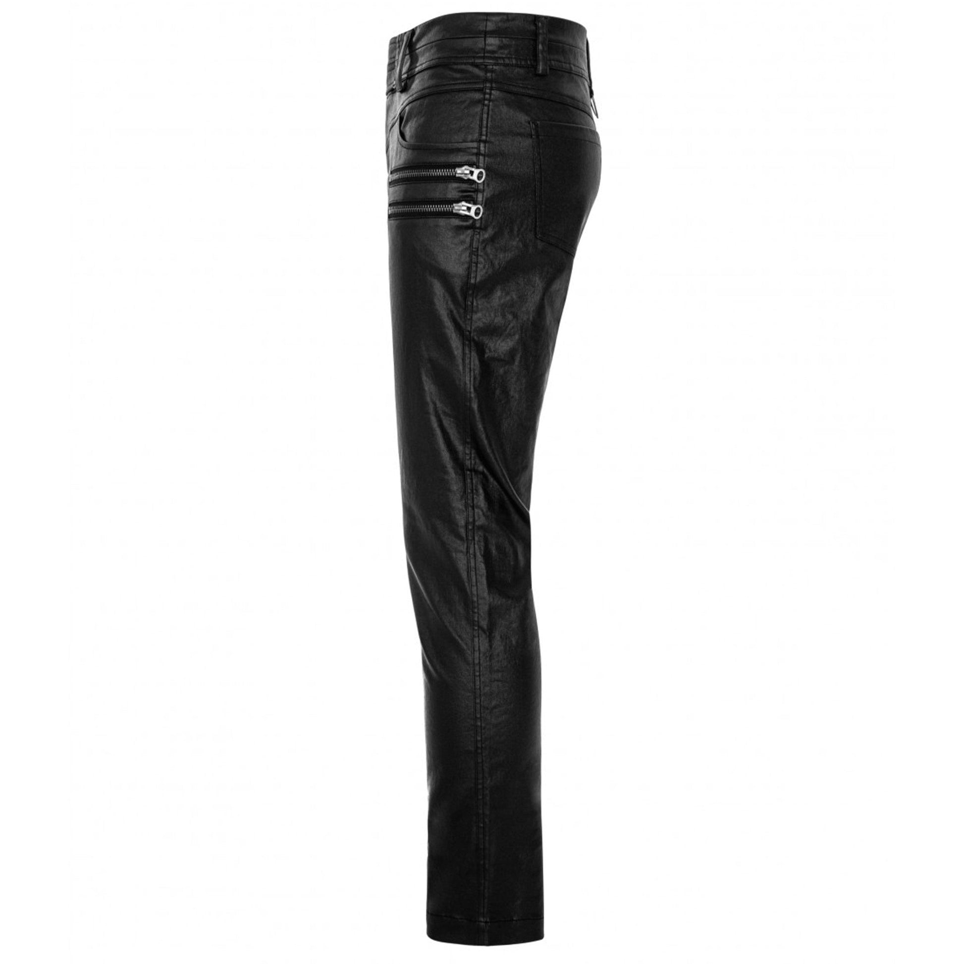 Punk Skull Buttons & Buckles Wetlook Pants – Fetish and punk wetlook pants with skull buttons and buckle details – Black