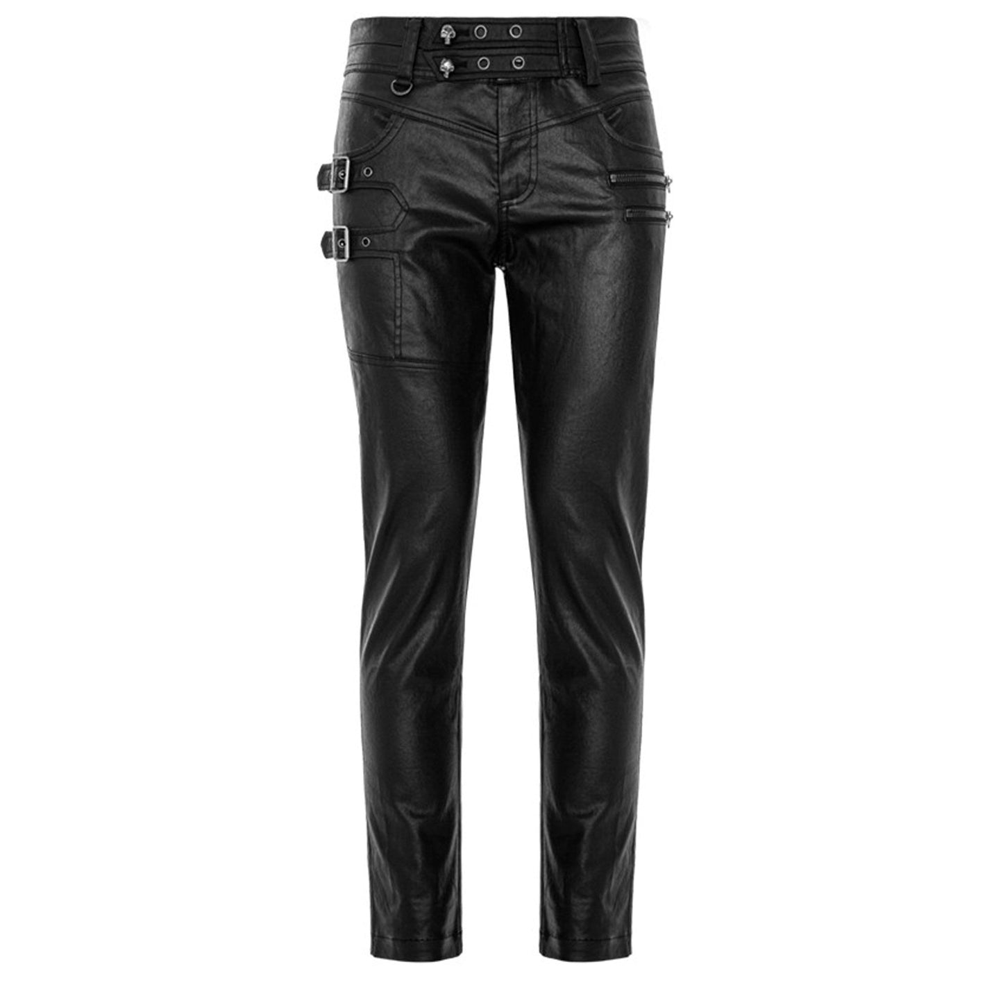 Punk Skull Buttons & Buckles Wetlook Pants – Fetish and punk wetlook pants with skull buttons and buckle details – Black