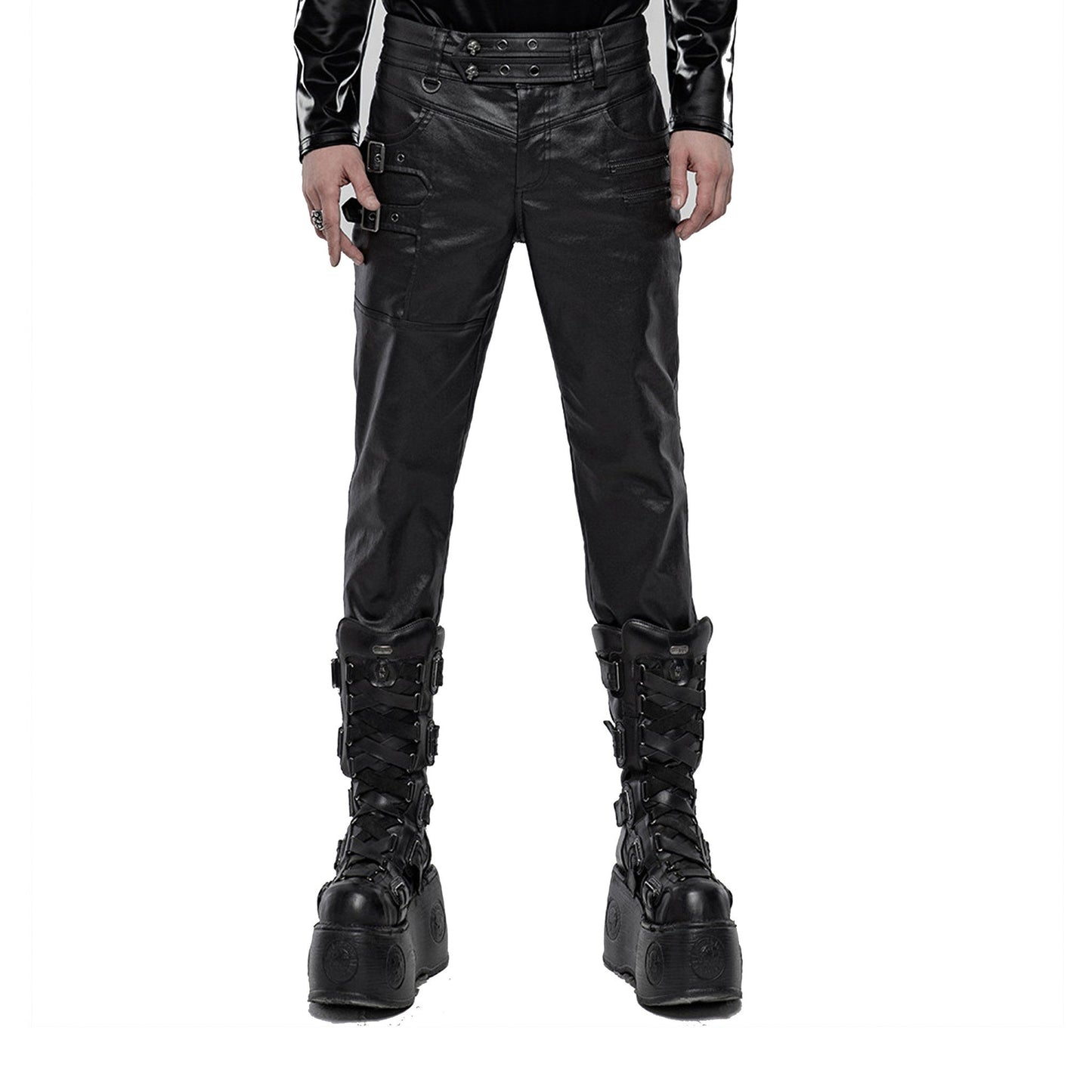 Punk Skull Buttons & Buckles Wetlook Pants – Fetish and punk wetlook pants with skull buttons and buckle details – Black