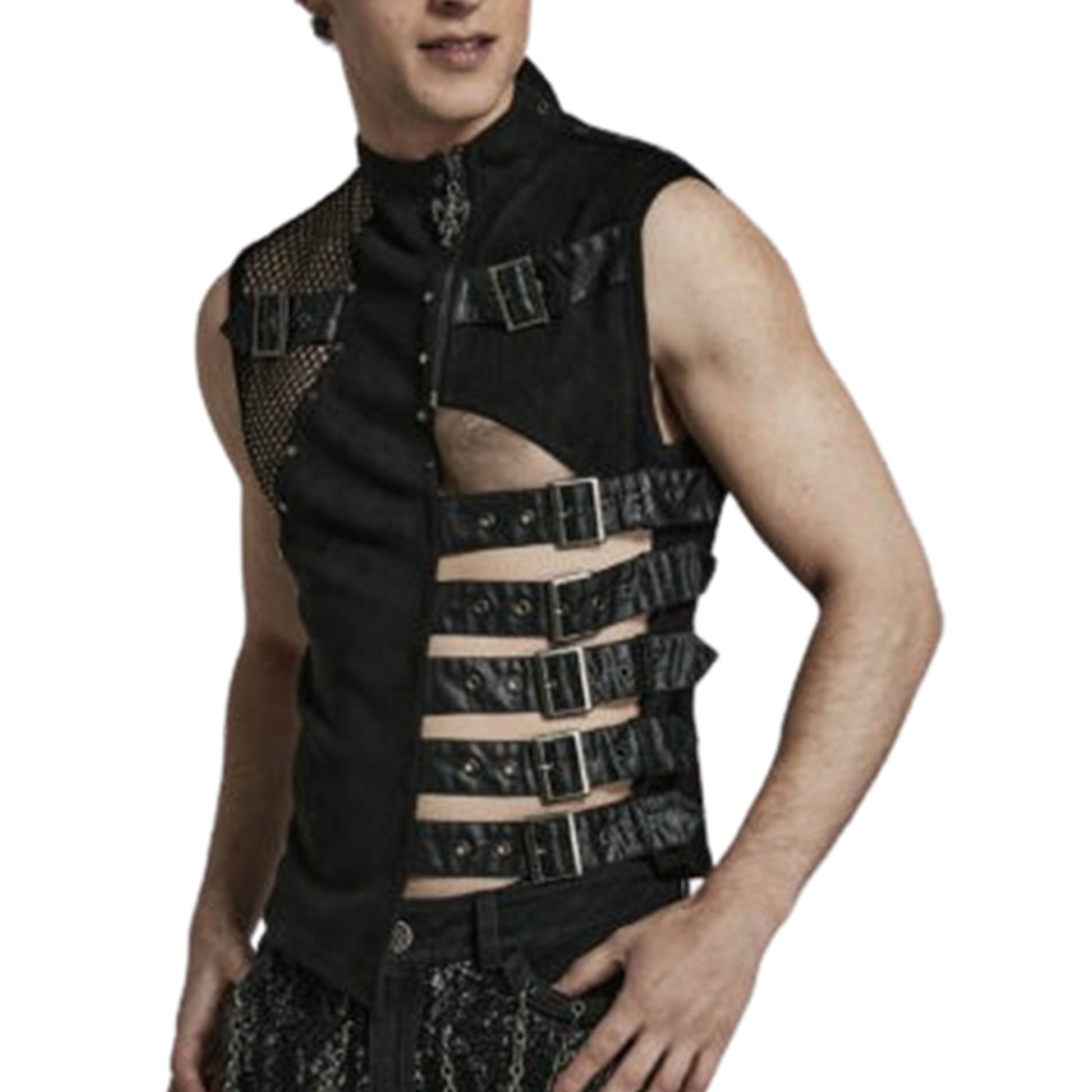 Buckled One Asymmetrical Side Mesh Vest – Suede, leather, and mesh vest with buckles and O-ring detailing – Edgy gothic fashion vest