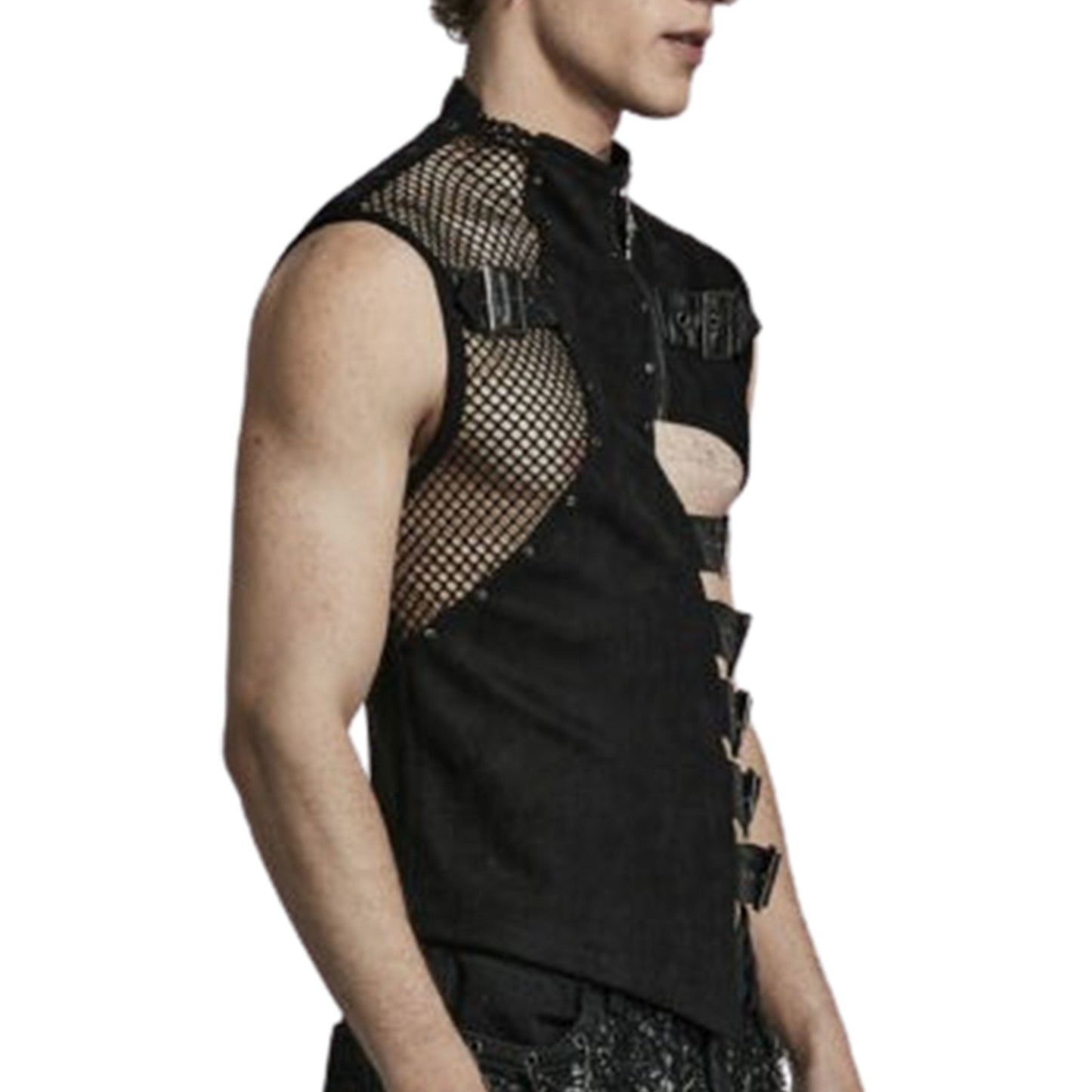 Buckled One Asymmetrical Side Mesh Vest – Suede, leather, and mesh vest with buckles and O-ring detailing – Edgy gothic fashion vest