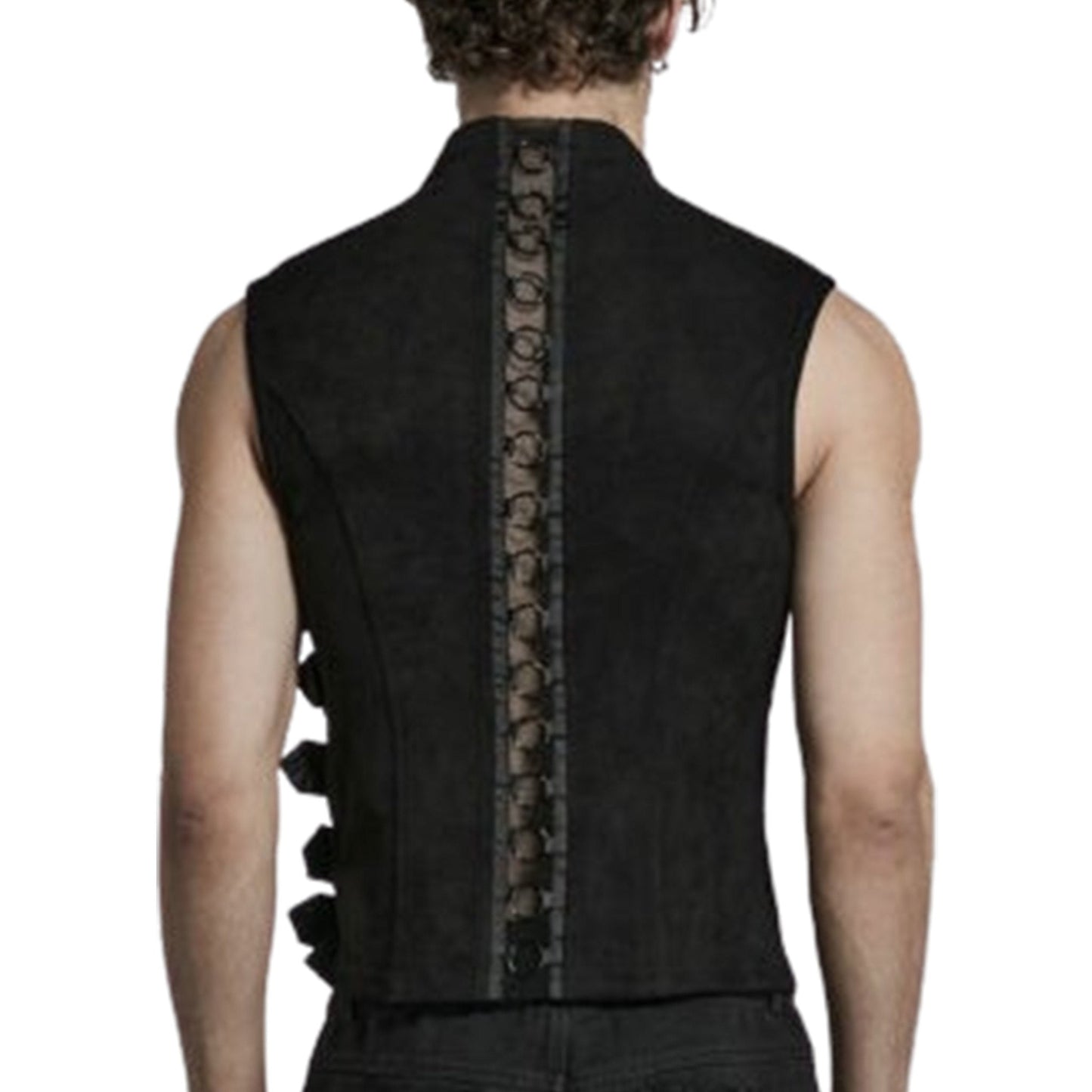 Buckled One Asymmetrical Side Mesh Vest – Suede, leather, and mesh vest with buckles and O-ring detailing – Edgy gothic fashion vest