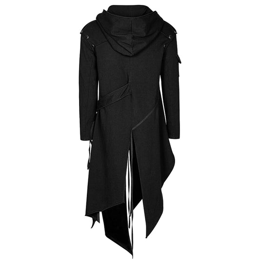 Asymmetrical Layered Strappy Hooded Detachable Sleeves Coat Jacket – Gothic coat with strappy details and detachable sleeves – Edgy fashion jacket